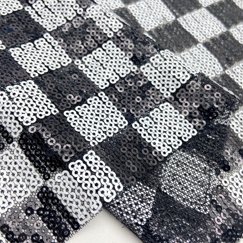 Checkerboard Design Mesh Embroidery Sequin Fabric